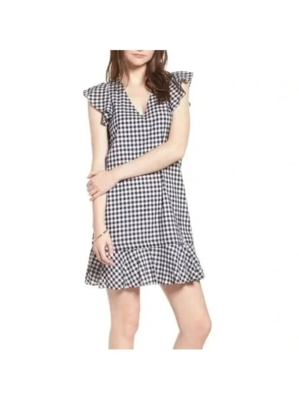 Madewell Black White Gingham Flutter Sleeve Shift Dress Size 00 Cotton Lined